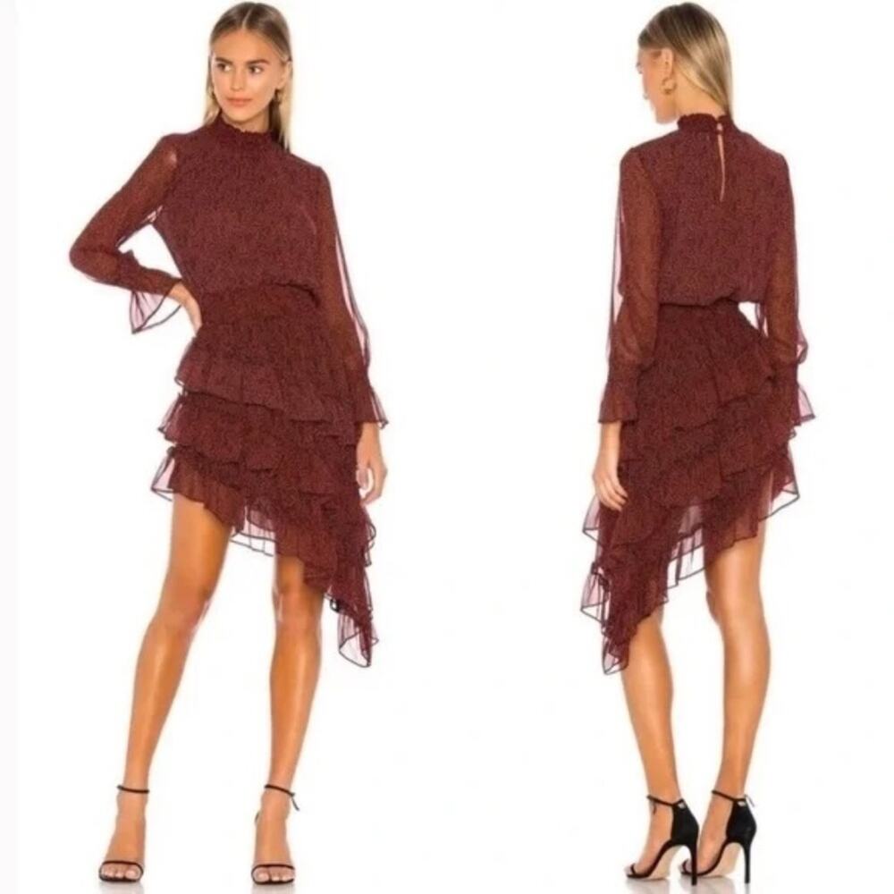 Misa Los Angeles Savanna Asymmetrical Ruffle Mini Dress Red Banana Leaf Small